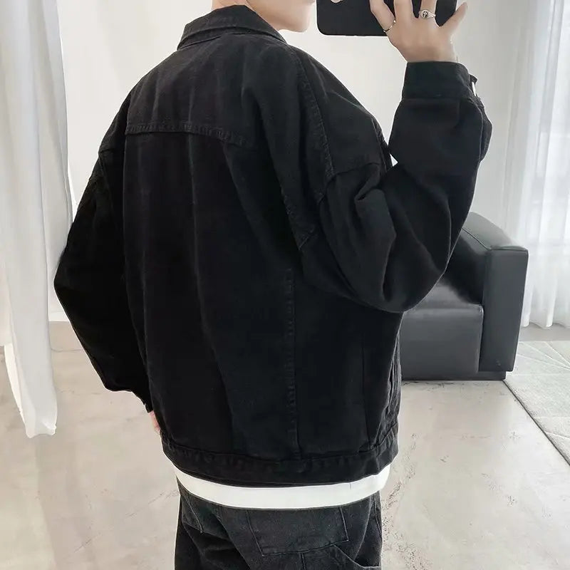 Hehope Black Denim Short Jacket Men Turn Down Collar Bomber Jacket Jeans Coats Casual Pockets Overalls Streetwear Man Clothing Outwear