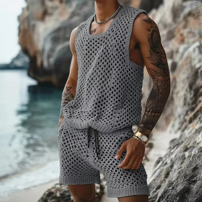 Hehope Men's Suits Summer Leisure Knit Clothing Solid Hollow Out Solid Casual Sleeveless Vest And Shorts Two Piece Sets Men Outfits