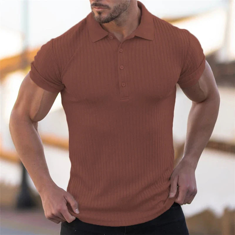 Hehope Summer Fashion Solid Ribbed Sports Polo Shirt for Men Short Sleeve Slim Fit Breathable Fitness Gym Bodybuilding Tops Ropa Hombre