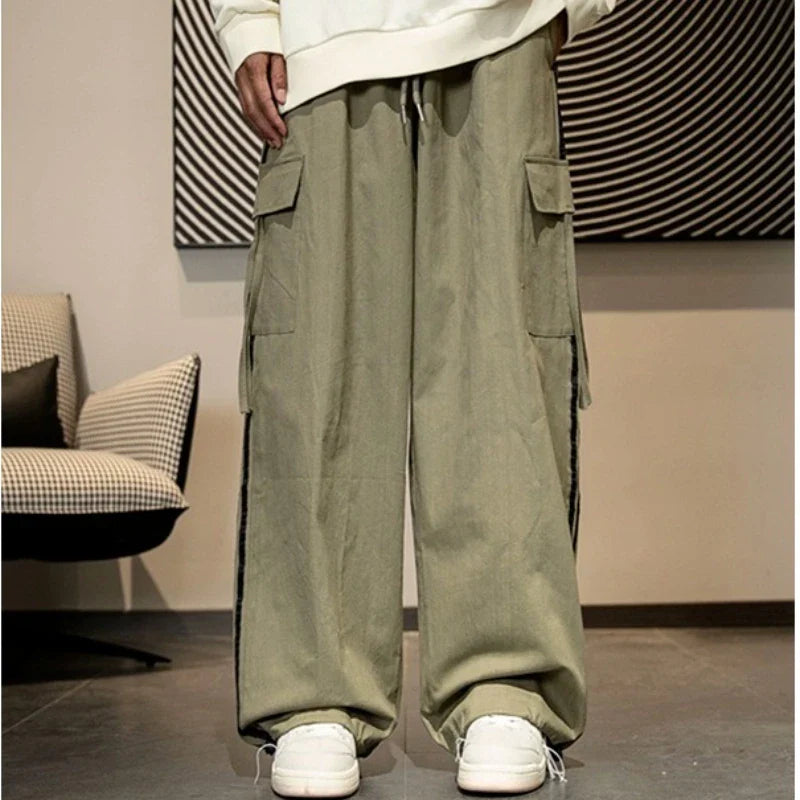 Hehope Japanese Retro Striped Cargo Pants Men Loose Casual Full Length Drawstring High Waist Straight Leg Pants Sports Streetwear Male