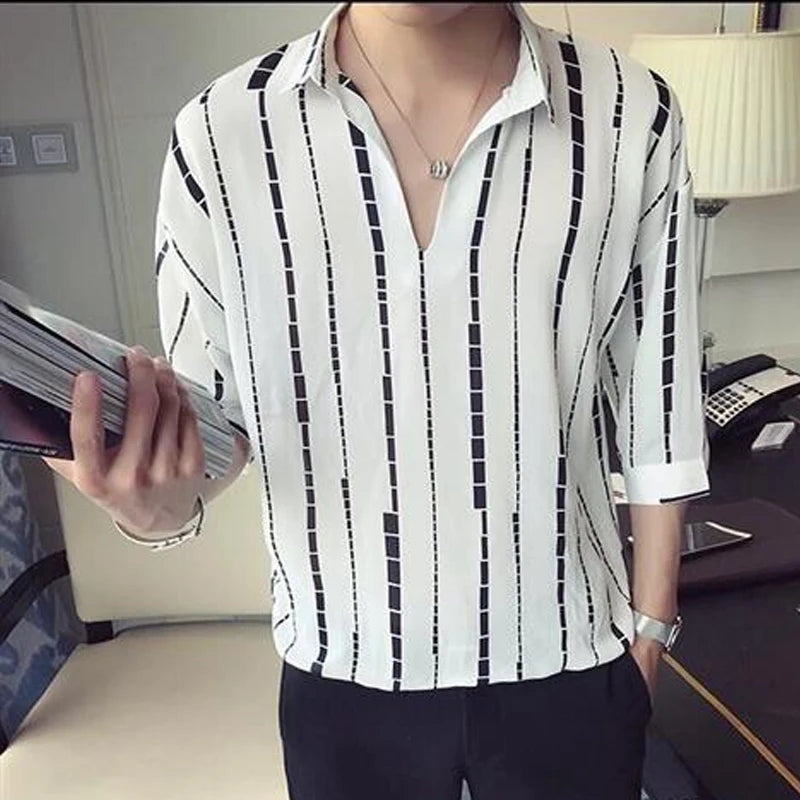 Hehope T-Shirts  Striped Elbow Sleeve Pullovers Simplicity Man Spring Summer Thin Handsome Men's Clothing Turn-down Collar Casual