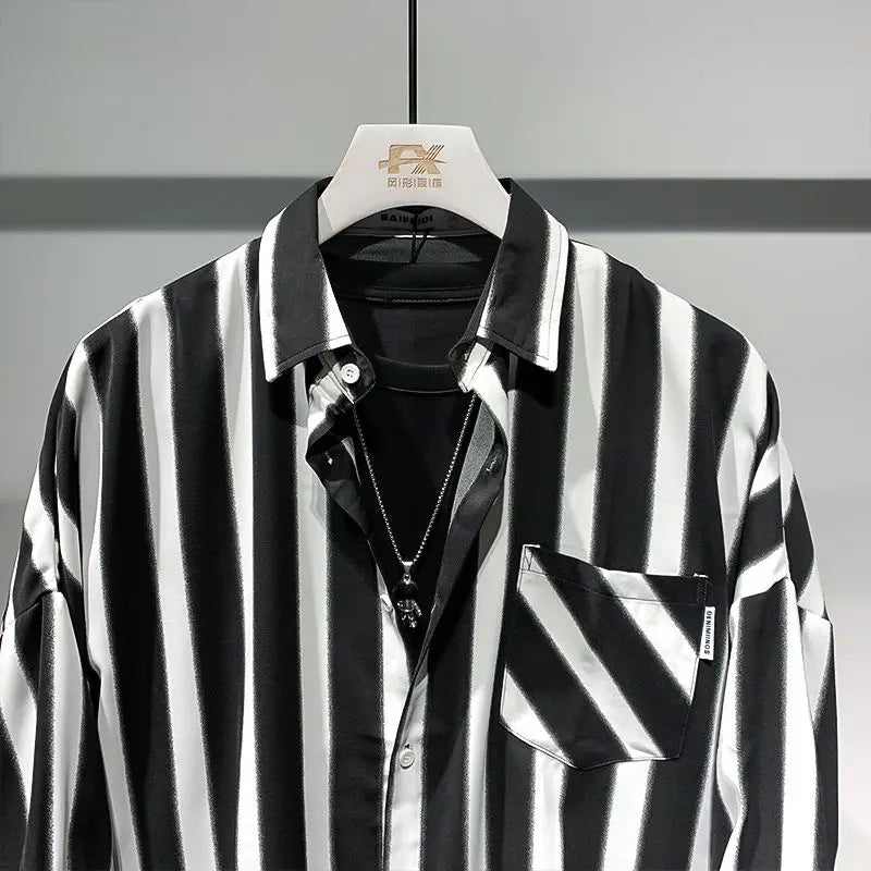 Hehope 2024 New Summer Trendy Men's Casual Minimalist Commuting Business Fashion Lapel Striped Printed Loose Short Sleeved Shirt