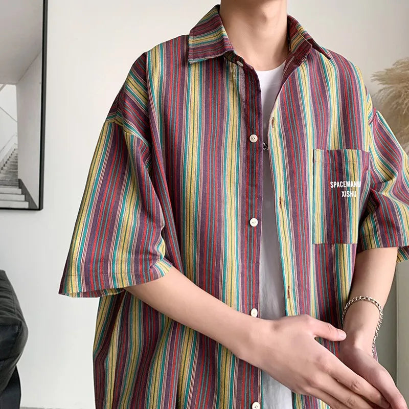 Hehope 2024 Summer Men's Color Striped Short Sleeve Shirt Oversized Hawaiian Beach Shirt Japanese Style Fashion Casual Blouse Clothes