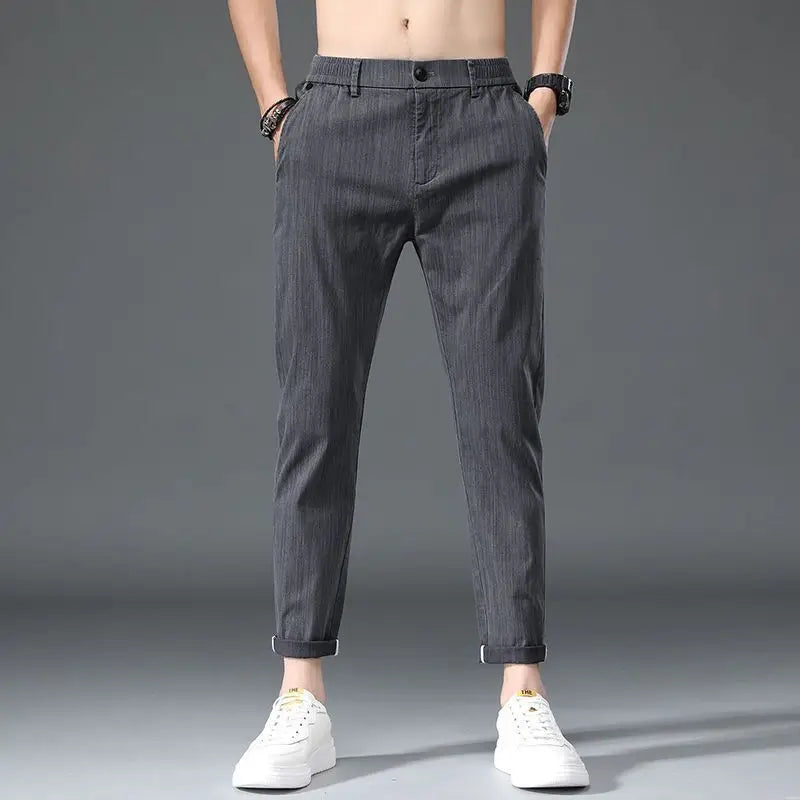 Hehope Summer New Fashion Casual Ice Silk Simple Versatile Straight Pants Men Solid Button Zipper Pockets Slim Loose Casual Trouser