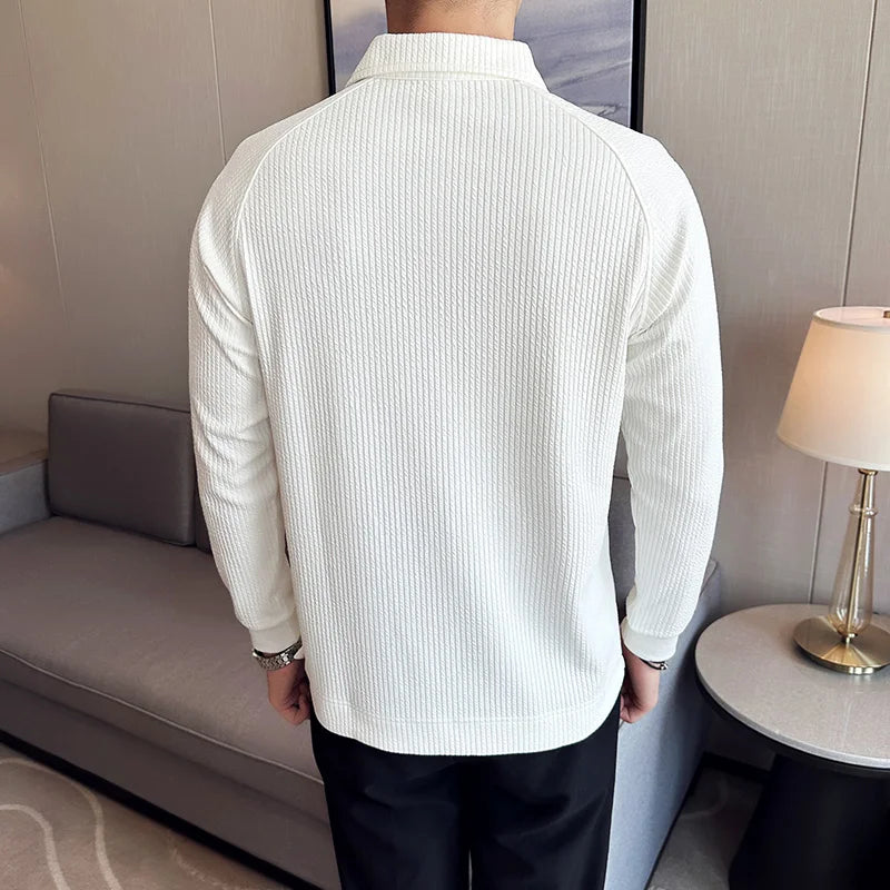 Hehope Men High Elastic Long Sleeve Polo Shirts 2023 Autumn Winter Knitted Pullover Turn Down Collar Slim Fit Solid Casual Tee Shirt