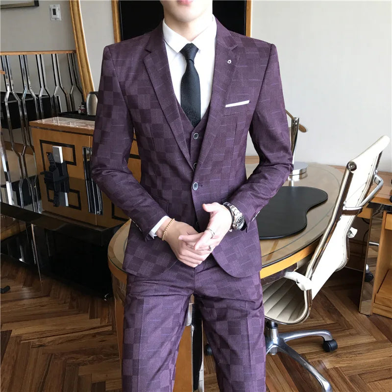 Hehope [Blazer+Vest+Pants] Men Plaid Casual Boutique Wedding Groom Best Suit Formal Business Three-piece Suit Set Fashion Men Clothing