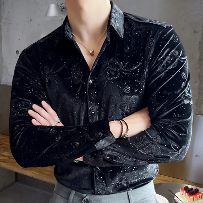 Hehope Velvet Floral Pattern Men's Shirt Slim Chemise Homme Shirt Camisa Masculina Fall  Streetwear Social Party Nightclub Singer