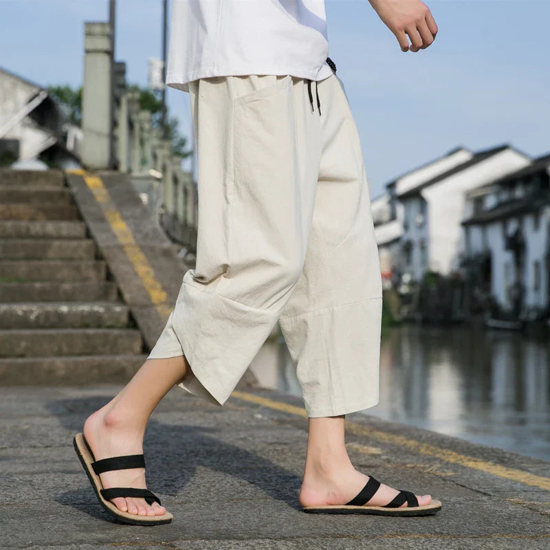 Hehope Cotton and Linen Capri Pants Men's Summer Thin Linen Pants Casual Beach Pants Men's Pants Shorts