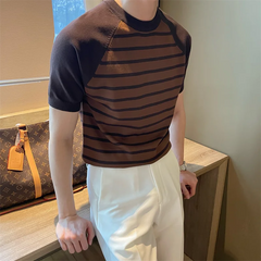 Hehope Short Sleeve Comfortable T-Shirts Striped Pullovers Straight Round Neck Temperament Handsome Office Spring Autumn Men's Clothing