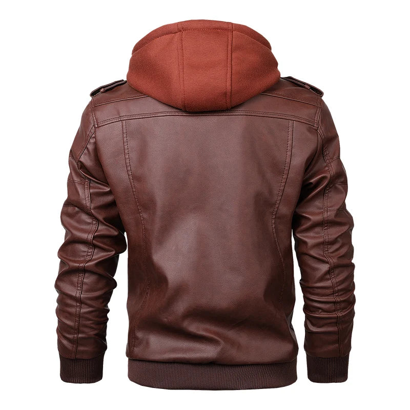 Hehope Spring and Autumn Men's Hooded Leather Jackets Large Casual Loose and Handsome Fashion Motorcycle Riding Suits Waterproof