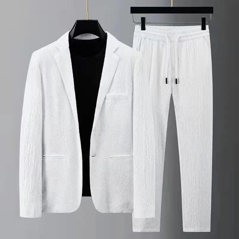 Hehope Spring Autumn Pleated Sets Men Fashion Casual Solid Long Sleeve Blazer And Trousers Two-piece Men Suits Korean Loose Clothing