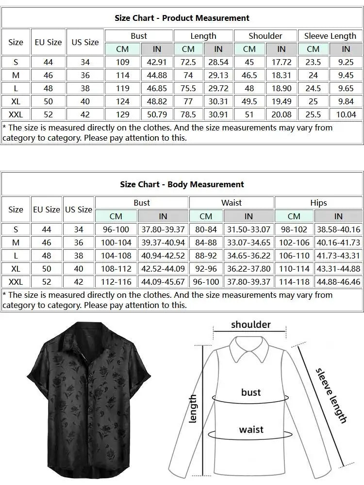 Hehope Satin Shirts for Men Jacquard Silky Rose Printed Short Sleeve Shirt Summer Streetwear Loose Essential Tops