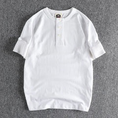 Hehope Summer New American Retro Short Sleeve Henry Collar Solid Color T-shirt Men's Fashion Simple 100% Cotton Washed Casual Tops