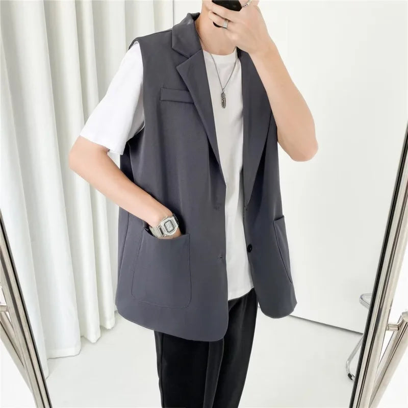 Hehope Grey Black Suit Vest Men Fashion Social Mens Dress Vest Korean Loose Sleeveless Blazer Mens Jacket Office Formal Vest M-2XL