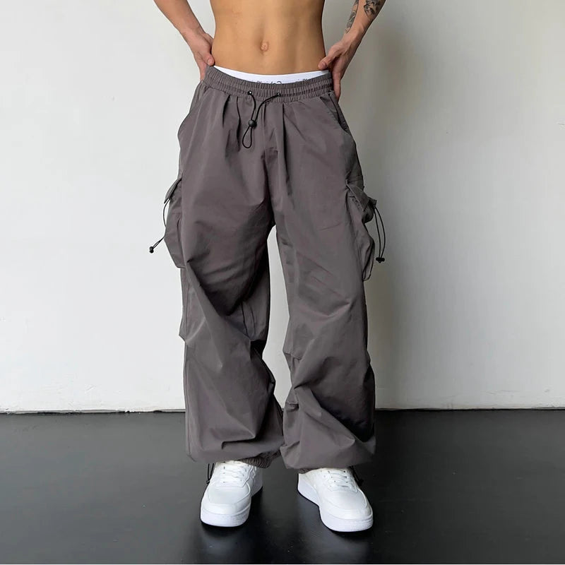 Hehope Streetwear Spring Summer Casual Men's Pants Harajuku Wide Leg Joggers Elastic Waist Solid Color Cargo Pants For Man