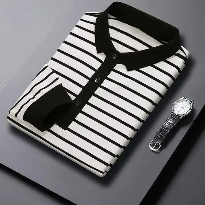 Hehope Fashion Men New Striped Polo Shirts Spring Autumn Long Sleeve Lapel Cotton Tee Shirt Male Clothes Casual Business T-Shirt