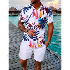 Hehope Men'A Spring And Fall 2-Piece Beach-Style Short-Sleeved Button-Down Lapel T-Shirt Shorts drawstring Casual Business Sports suit