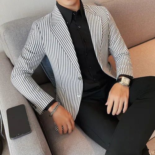 Hehope High Quality Autumn Striped Suit Jacket for Men Fashion Slim Fit Casual Business Blazers Masculino Wedding Social Men Clothing