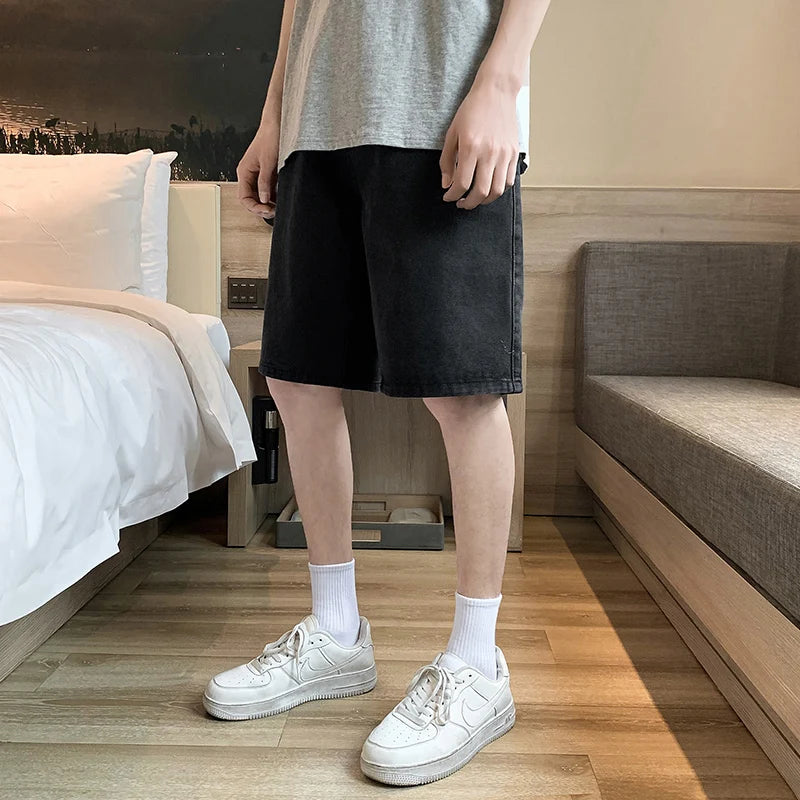 Hehope summer new men's loose casual denim shorts elastic waist drawstring black shorts brand men's clothing