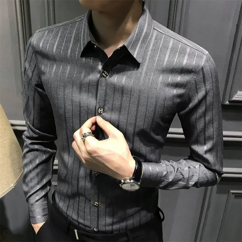 Hehope Loose Solid Formal Button Striped Turn-down Collar Long Sleeve Shirts Temperament Fashion Casual Spring Summer Men's Clothing