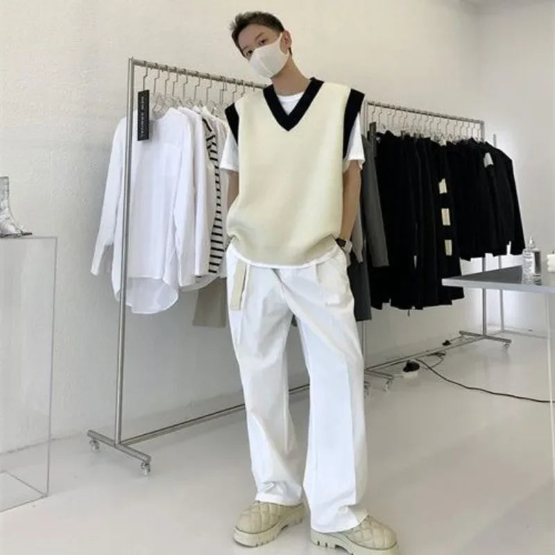 Hehope Man Clothes Beige Vest Waistcoat Knitted Sweaters for Men V Neck Sleeveless Order Korean Fashion Over Fit Knit Large Big Size