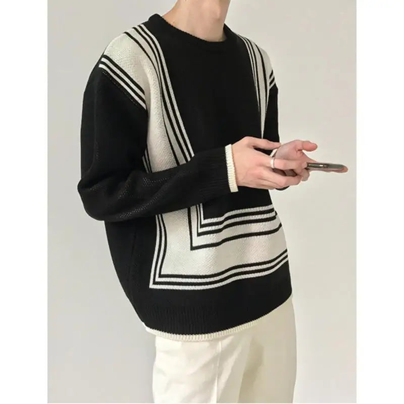 Hehope Autumn Winter Striped Knit Sweater for Men Thickened Knitted Sweater Loose Pullover Round Neck Jumper Mens Clothing