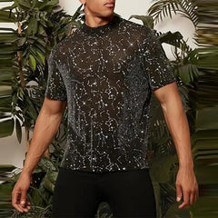 Hehope Party Fashion Mens Mesh T Shirt Spring Long Sleeve Crew Neck Pullover Vintage Shinny Embroidery Mesh Tops Sexy Mens Slim T-shirt