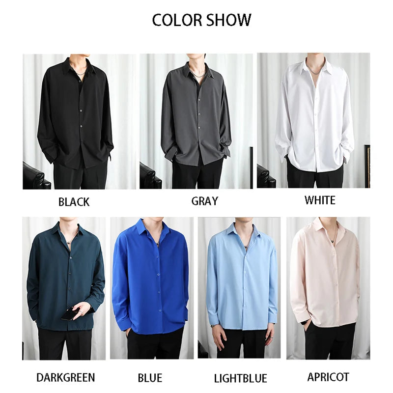 Hehope Korean Fashion Mens Shirts Summer Thin Ice Silk Long Sleeve Shirt Men Young Handsome Loose Solid Color Drape Shirt 4xl