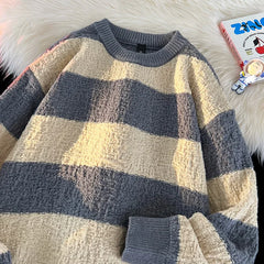 Hehope Autumn and Winter Round Neck Color Blocking Striped Knitted Sweater Casual Versatile Two-color Knitted Pullover Windproof  Warm