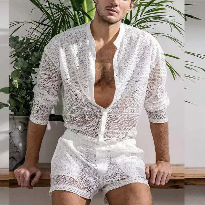 Hehope New Summer Men Two Piece Suits Sexy See Through Lace Outfits Beach Fashion Plain Pattern Print Long Sleeved Tops And Shorts Set