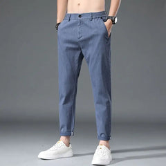 Hehope Summer New Fashion Casual Ice Silk Simple Versatile Straight Pants Men Solid Button Zipper Pockets Slim Loose Casual Trouser