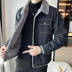 Hehope Denim Jackets Man Cargo Padded Gray Padding Wool Jeans Coat for Men Warm with Sheep of Fabric Korean Popular Clothes Washed Worn