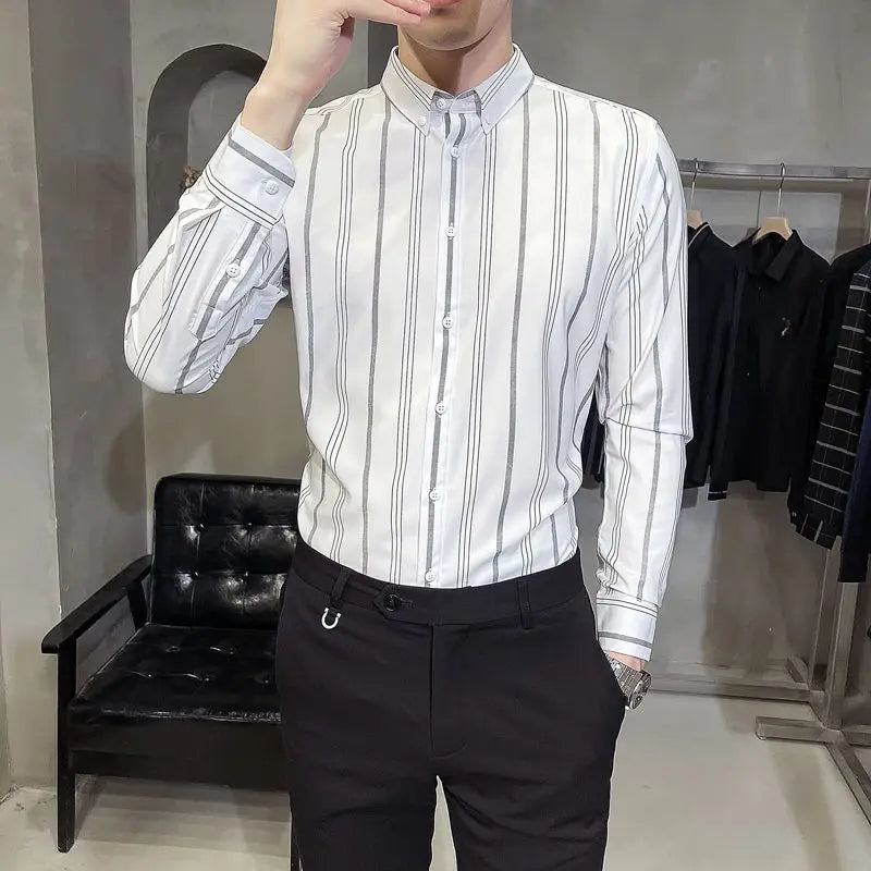 Hehope Business Casual Fashion Loose Shirts Turn-down Collar Striped Button Formal Comfortable Spring Summer Long Sleeve Men's Clothing