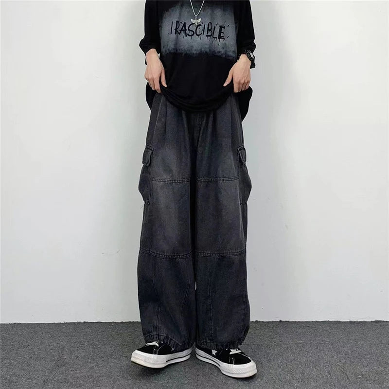 Hehope Autumn Harajuku Fashion Retro High Street Hip hop Pants Straight Wide Leg Pants Women Casual Loose Big Pockets Cargo Jeans