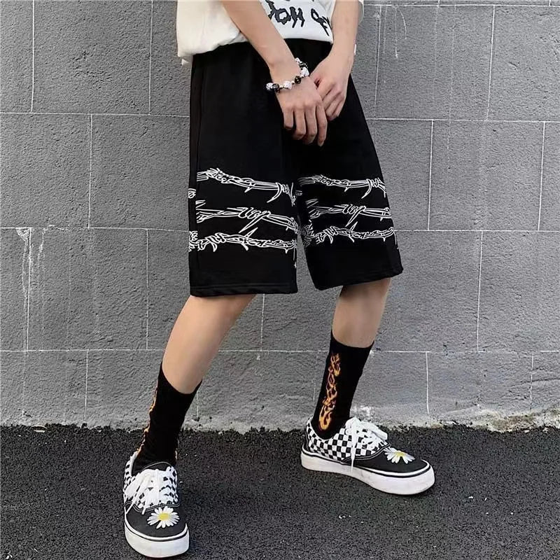 Hehope Summer trend ins dark high street hip-hop print personality casual shorts men's elastic waist tie quick-drying pants