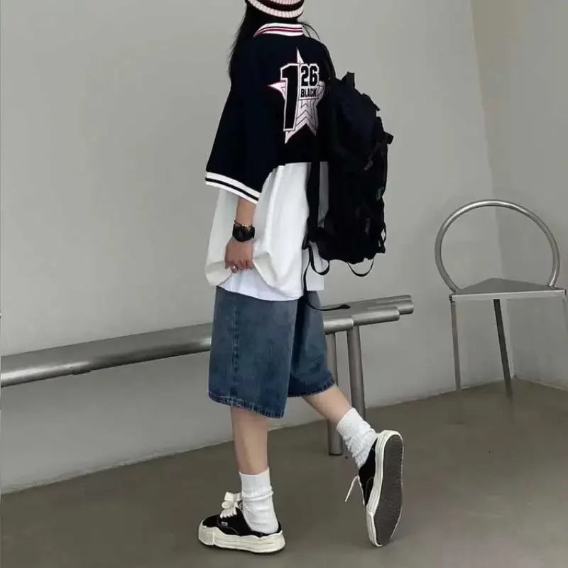 Hehope High Street Retro Blue Jeans Shorts Summer New Baggy Wide Leg Denim Half Pants Fashion Streetwear Y2k Clothing Oversize Man