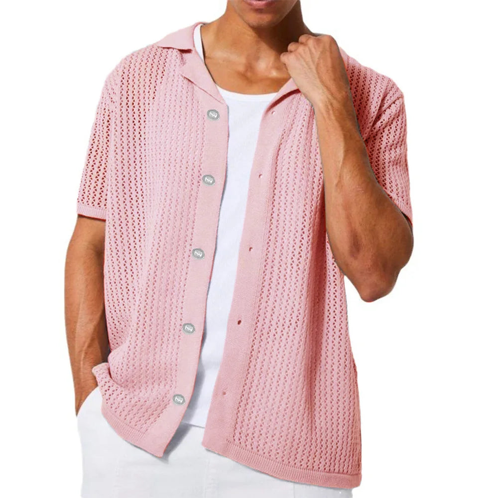 Hehope Mens Fashion Knitted Cardigan Summer Cool Hollow out Top Short Sleeve Shirt Lapel Button Loose Men's Knit Tshirt