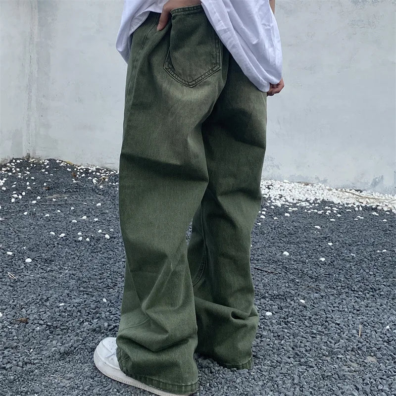 Hehope Green Jeans Baggy Distressed Vintage Denim Trousers Male Wide Leg Pants Men Streetwear Retro Oversize Casual Hip Hop