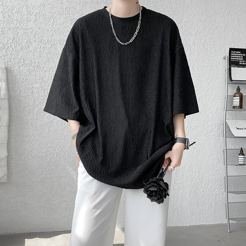 Hehope Summer Fashion Texture Men's T Shirt Casual Solid Color Short Sleeve Classical Tee Tops Mens Oversized Hip-Hop Top Tees