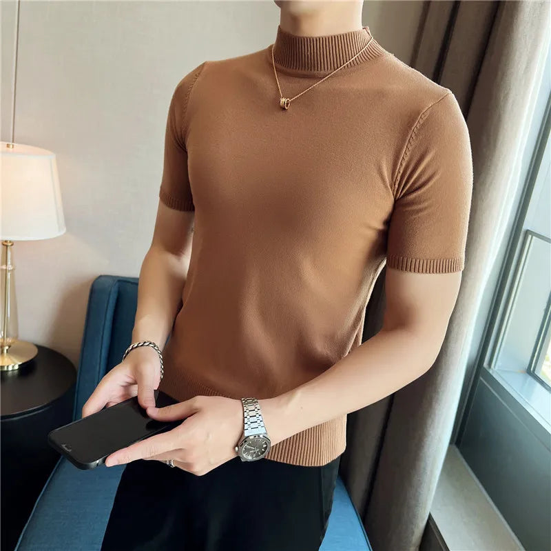 Hehope Men Short Sleeve T-Shirt Knitted Pullover 2024 Summer High Elastic Solid Casual Stripe Slim Fit Half High Collar Knit Sweater