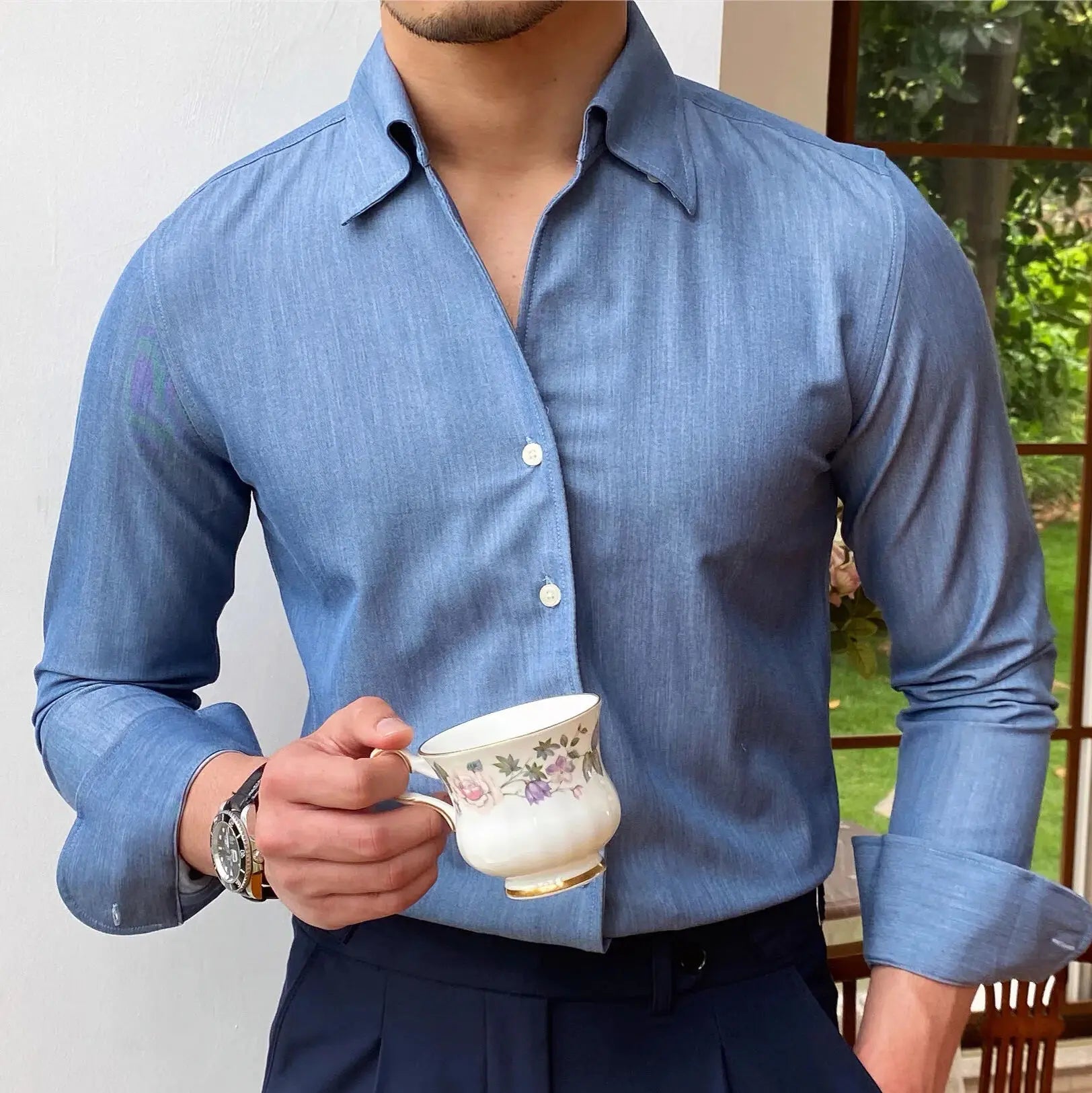 Hehope British Style Casual All-match Solid Color Summer Shirt Trendy Denim Blue Business Formal Dress Shirt Long Sleeve Shirt Men