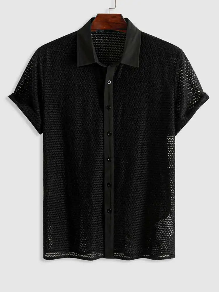 Hehope Solid Thin Shirts for Men Sexy Mesh See-Through Short Sleeves Shirt Summer Streetwear Openwork Black Tops