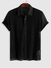 Hehope Solid Thin Shirts for Men Sexy Mesh See-Through Short Sleeves Shirt Summer Streetwear Openwork Black Tops