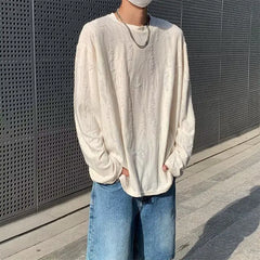 Hehope Korean INS Niche Design Men Clothing Round Neck Hole T-shirt Men and Women Long Sleeve Retro Loose Casual Drape Mens T Shirts