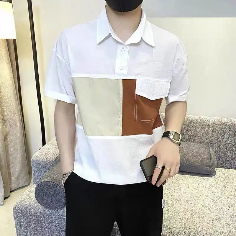 Hehope Office Lady Fashion T-Shirts Casual Loose Pullovers Turn-down Collar Temperament Simplicity Men's Clothing Spring Summer Thin