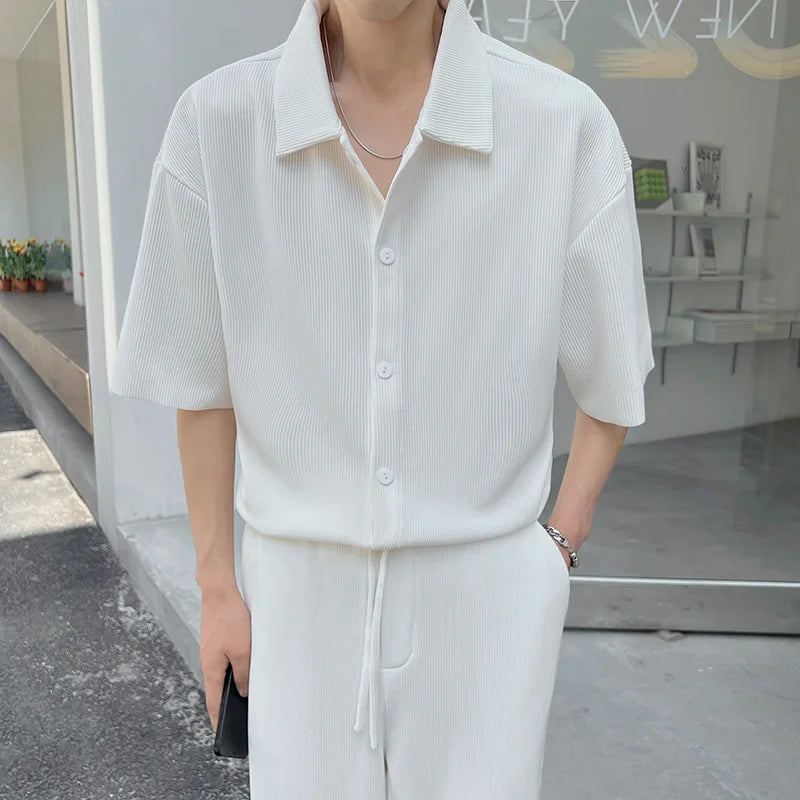 Hehope Summer Pleated Sets Men Fashion Black/White Casual Ice Silk Suit Men Korean Short-sleeved Shirt/Trousers Two-piece Mens Set