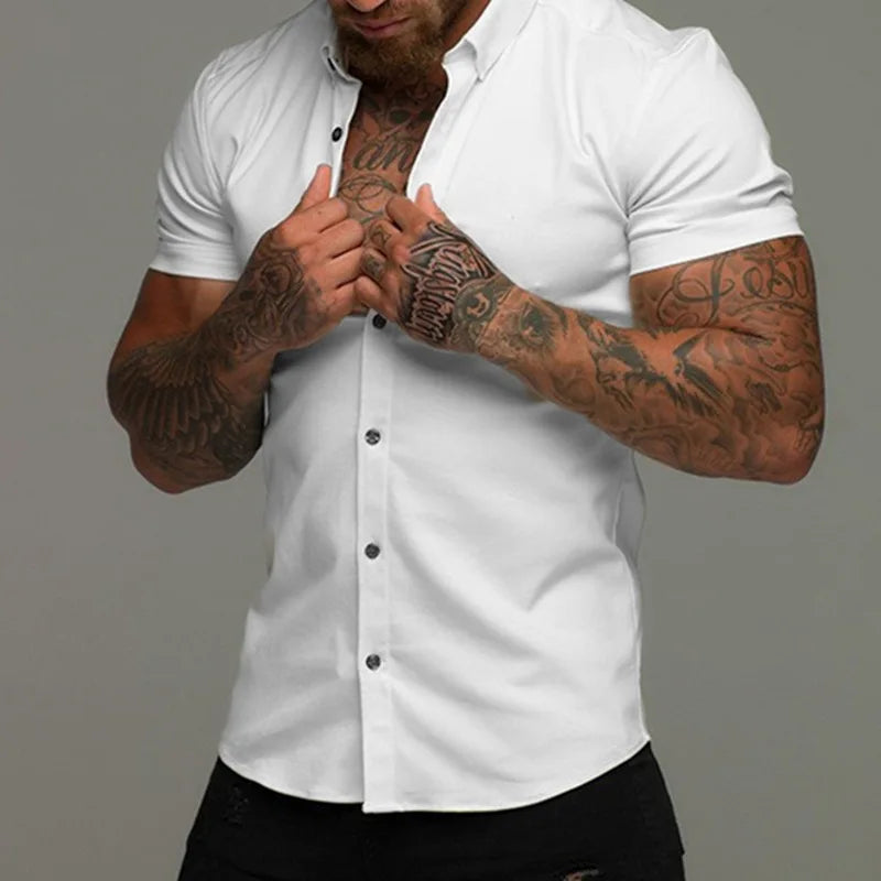 Hehope Muscle Men Fitness Sports Leisure Elastic Shirt Solid Lapel Button Business Streetwear Fashion Trend Summer New Short Sleeve Top