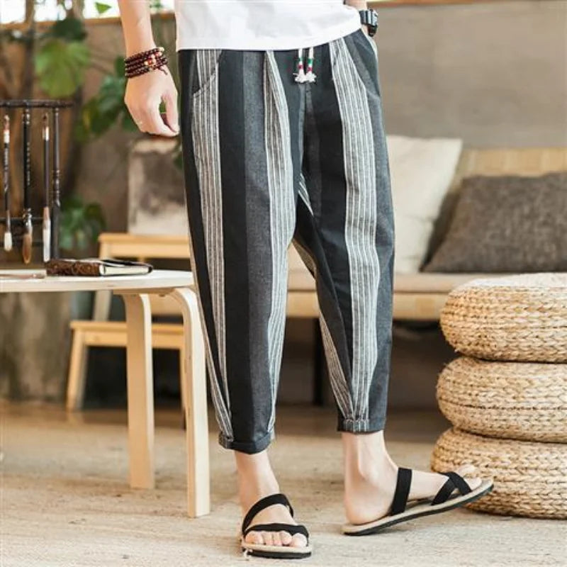 Hehope New Summer Fashion Loose Casual Trendy Men's Versatile Thin Breathable Vertical Striped Linen Oversize Casual Cropped Pants