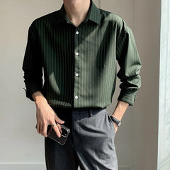 Hehope New Spring and Autumn High Grade Dark Green Striped Shirts for Men Long Sleeve Loose Business Casual Men Dress Shirt