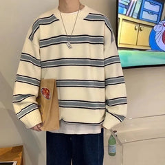 Hehope Oversized Men Striped Sweater Harajuku Japanese Style Autumn New Round Neck Spliced Color Loose Hip Hop Couple Knitted Sweater